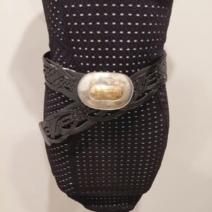 Chicos Vintage Thick Black Braided Leather Belt With Brass/Silver Metal Buckle